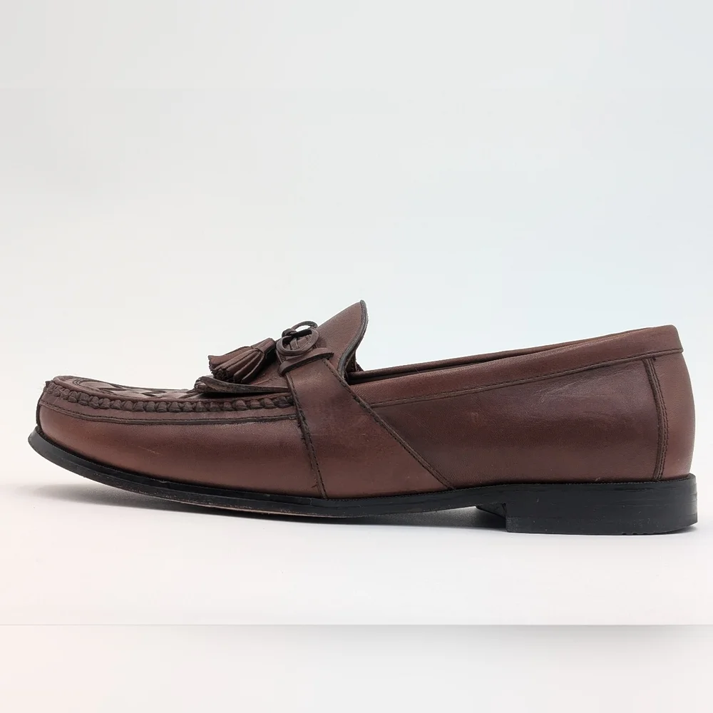 Johnston & Murphy Classic Woven Loafer Sz 12M Genuine Brown Leather With Tassels